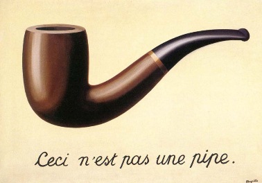A pipe painted in fine detail. Handwritten in cursive below: 'Ceci n'est pas une pipe.'